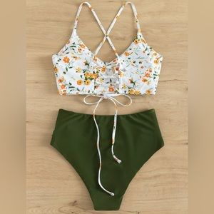 Plus Floral Ruched High Waisted Bikini Swimsuit